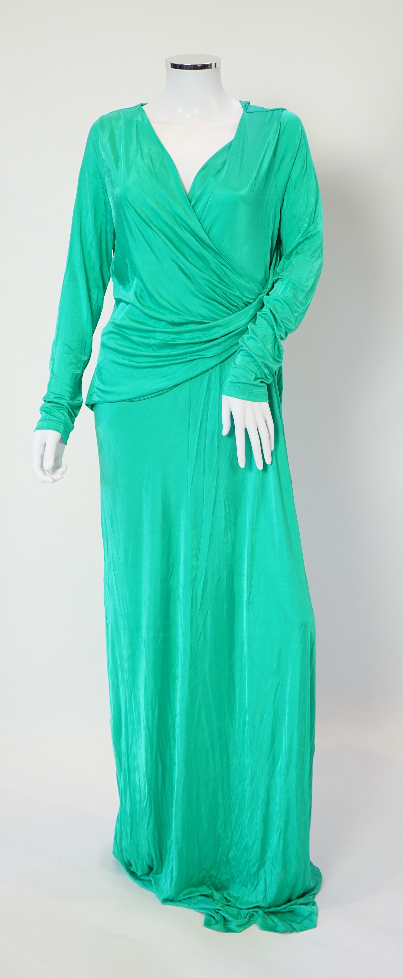 A Versace Collection green long dress and gold and yellow biker style jacket, dress size 52 and jacket size Medium